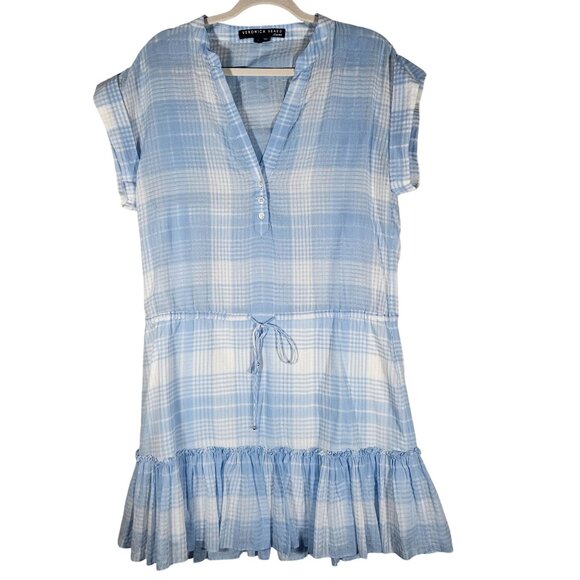 Veronica Beard Blue Gingham Ruffle Plaid Mini Dress L Cottagecore Soft Girl - Picture 3 of 13